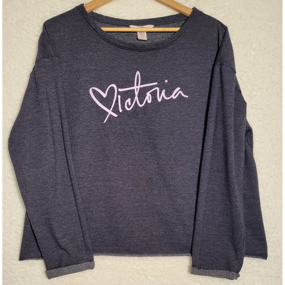 Victoria Secret Blue Cropped Sweatshirt Top Size Large Long Sleeve Pullover 0191